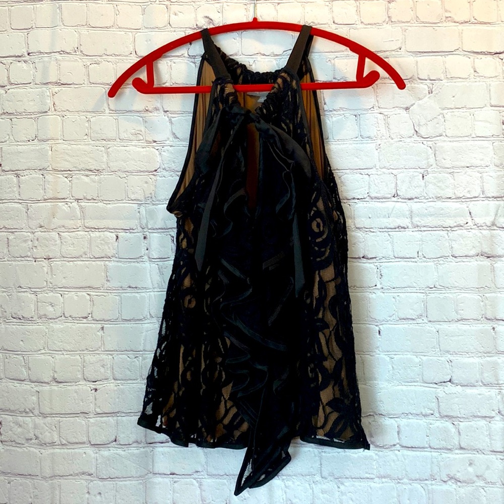 NY COLLECTION ruffled sleeveless cami, black lace with nude underneath